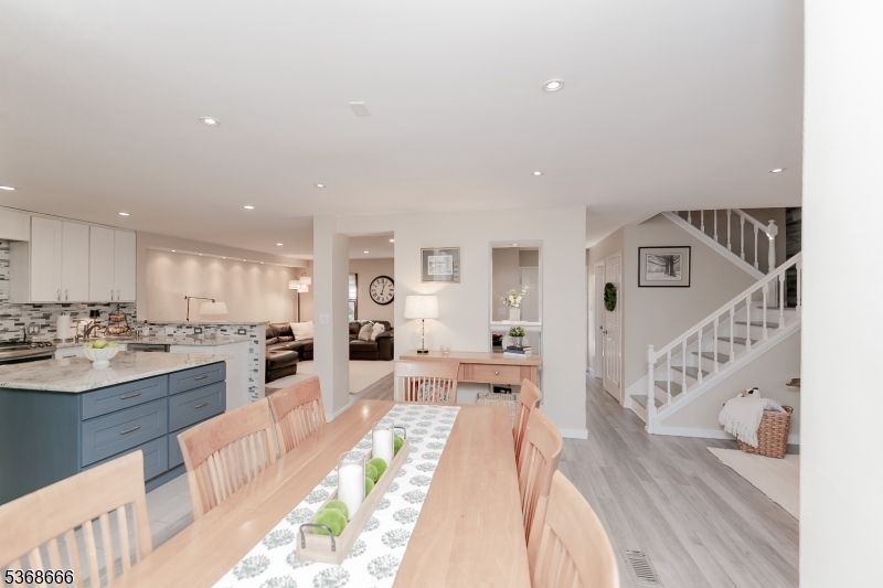 Dining room, Interior, Kitchen, Living room, Recessed Lighting, Wood Texture Flooring