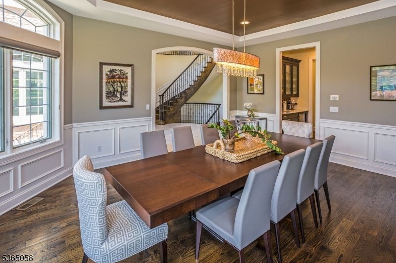 Chandelier, Dining room, Interior, Wood Texture Flooring