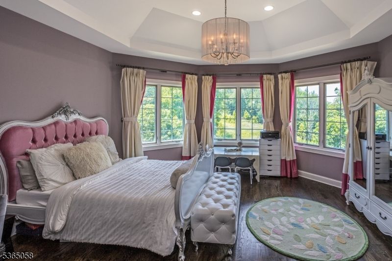 Bedroom, Chandelier, Interior, Recessed Lighting, Wood Texture Flooring