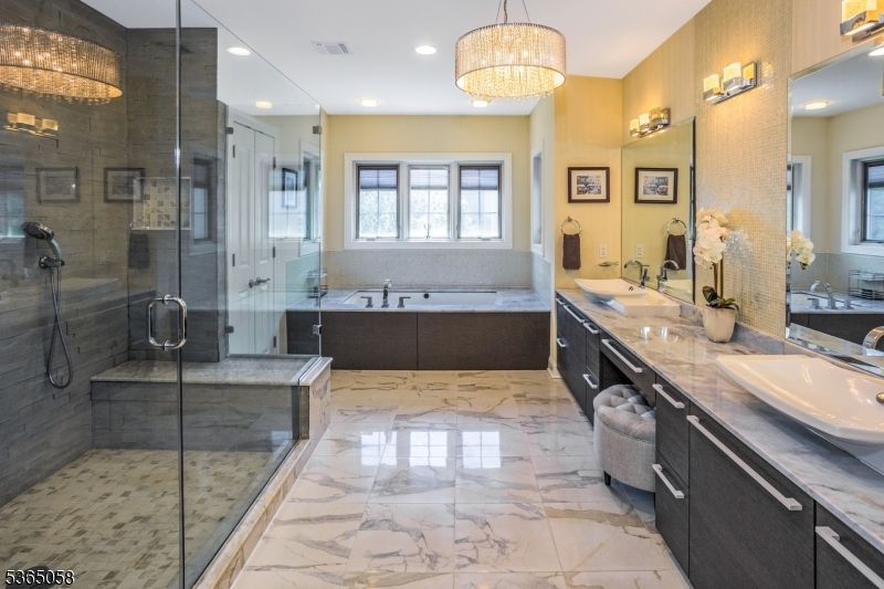 Bathroom, Chandelier, Dual Sink Vanities, Glass Shower, Interior, Marble, Pendant Lights, Recessed Lighting