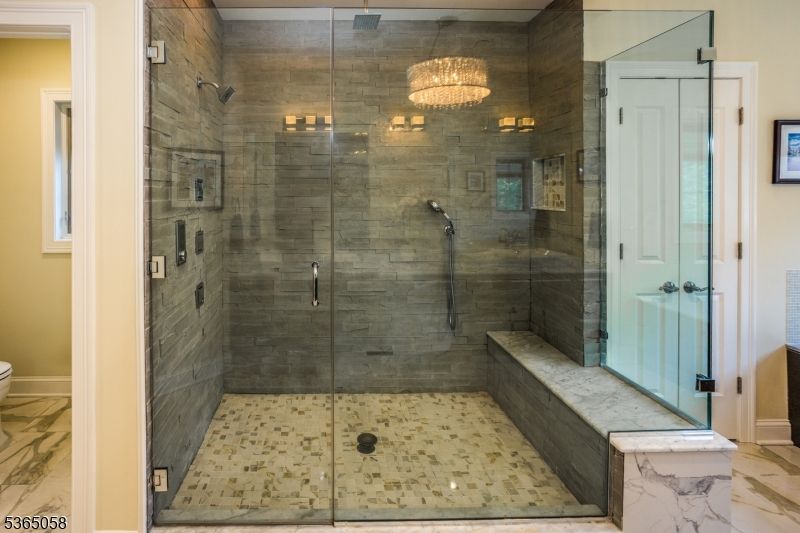 Bathroom, Chandelier, Glass Shower, Interior, Marble