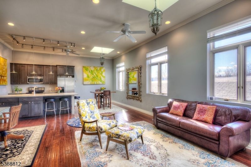 Interior, Kitchen, Living room, Recessed Lighting, Stainless Steel Appliances, Wood Texture Flooring