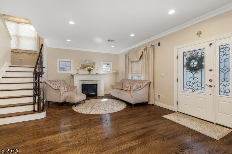 Fireplace, Interior, Living room, Recessed Lighting, Wood Texture Flooring