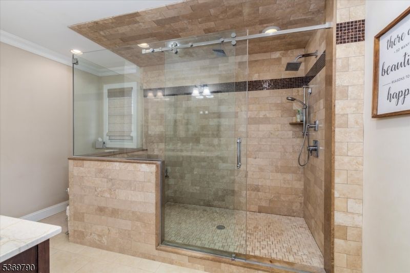 Bathroom, Glass Shower, Interior, Recessed Lighting, Stone Walls