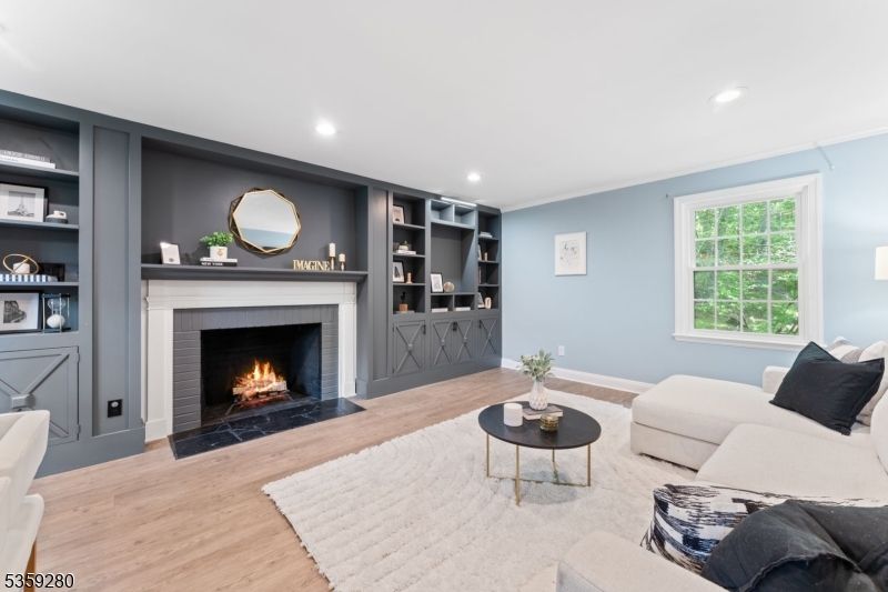 Fireplace, Interior, Living room, Recessed Lighting, Wood Texture Flooring
