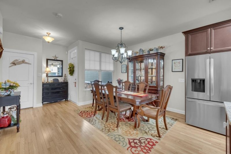 Chandelier, Dining room, Interior, Wood Texture Flooring