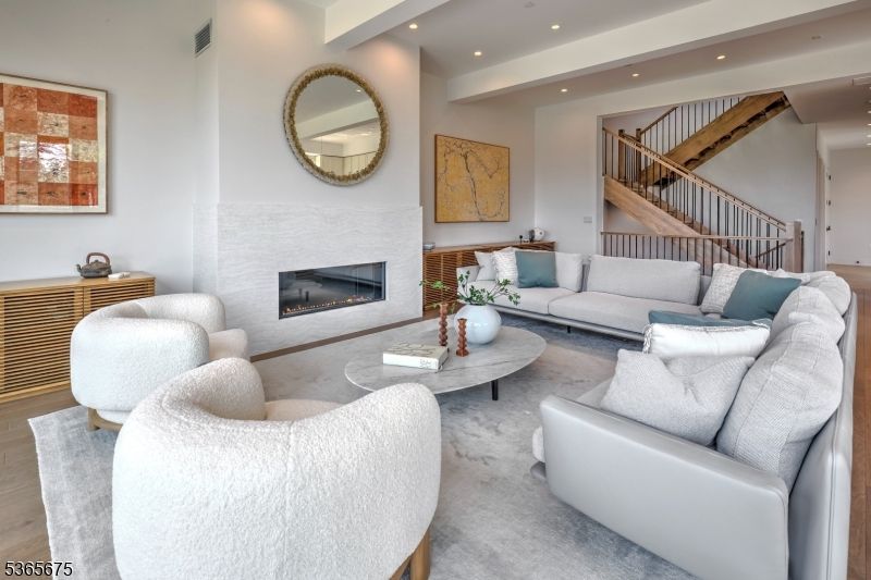 Fireplace, Interior, Living room, Recessed Lighting, Wood Texture Flooring