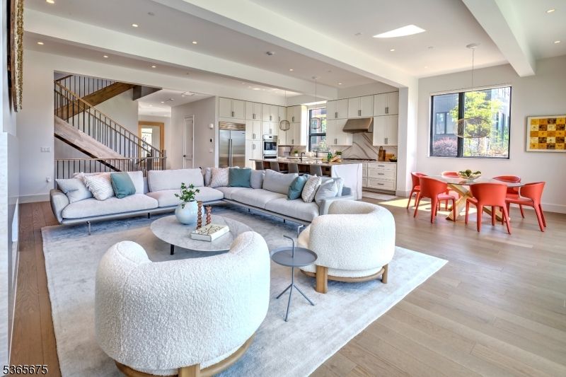Dining room, Interior, Kitchen, Living room, Pendant Lights, Recessed Lighting, Stainless Steel Appliances, Wood Texture Flooring