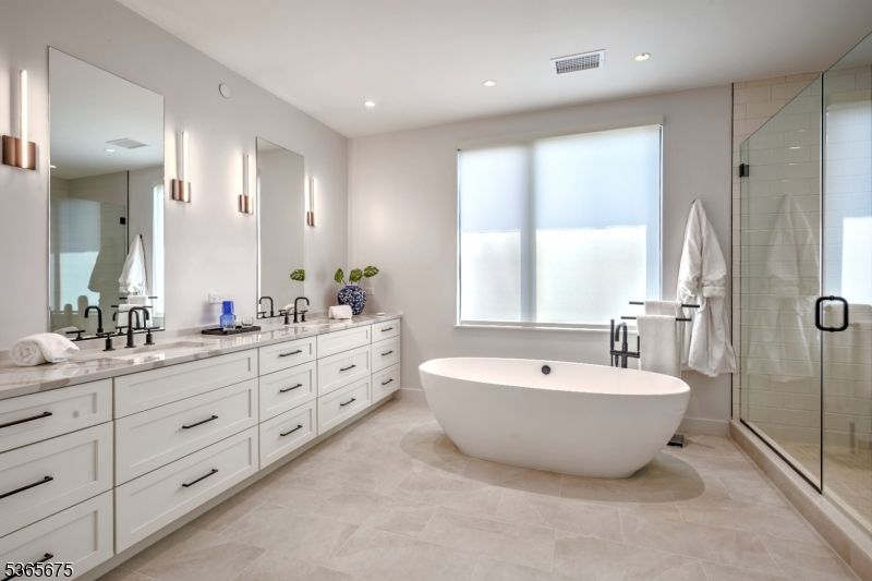 Bathroom, Dual Sink Vanities, Free Standing Baths, Glass Shower, Interior, Recessed Lighting
