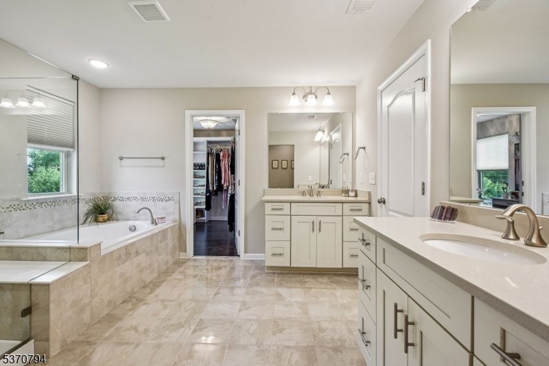 Bathroom, Dual Sink Vanities, Glass Shower, Interior, Recessed Lighting, Walk-in Closets
