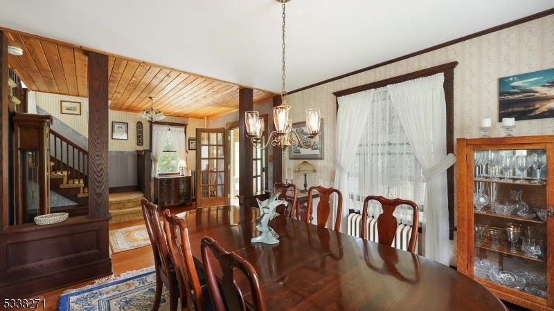 Chandelier, Dining room, Interior, Wooden Ceilings, Wood Texture Flooring