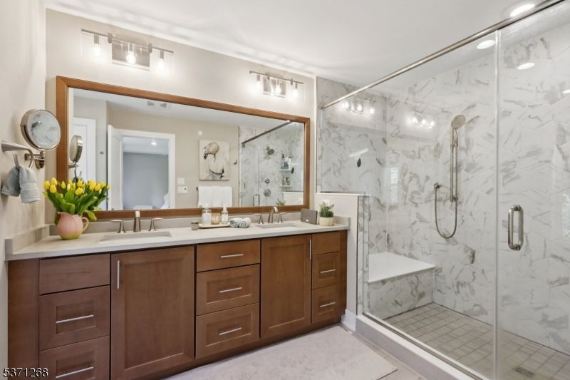 Bathroom, Dual Sink Vanities, Glass Shower, Interior, Marble Walls