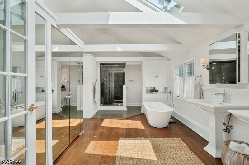 Bathroom, Free Standing Baths, Glass Shower, Interior, Wood Texture Flooring