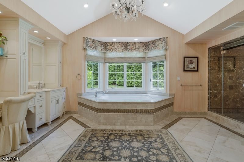 Bathroom, Chandelier, Glass Shower, Interior, Recessed Lighting
