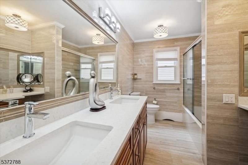 Bathroom, Dual Sink Vanities, Glass Shower, Interior, Wood Texture Flooring, Wooden Walls