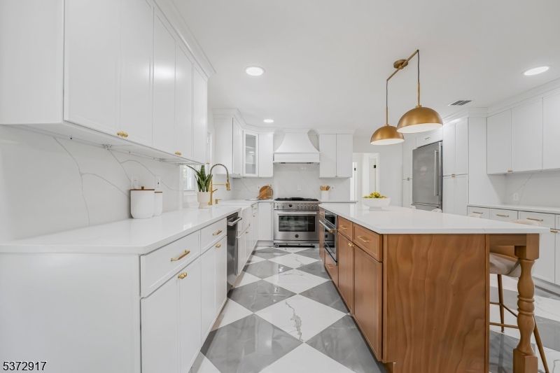 Interior, Kitchen, Marble, Pendant Lights, Recessed Lighting, Stainless Steel Appliances