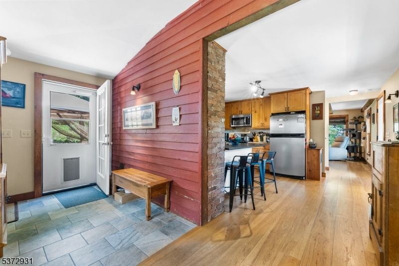Interior, Kitchen, Stainless Steel Appliances, Wood Texture Flooring, Wooden Walls