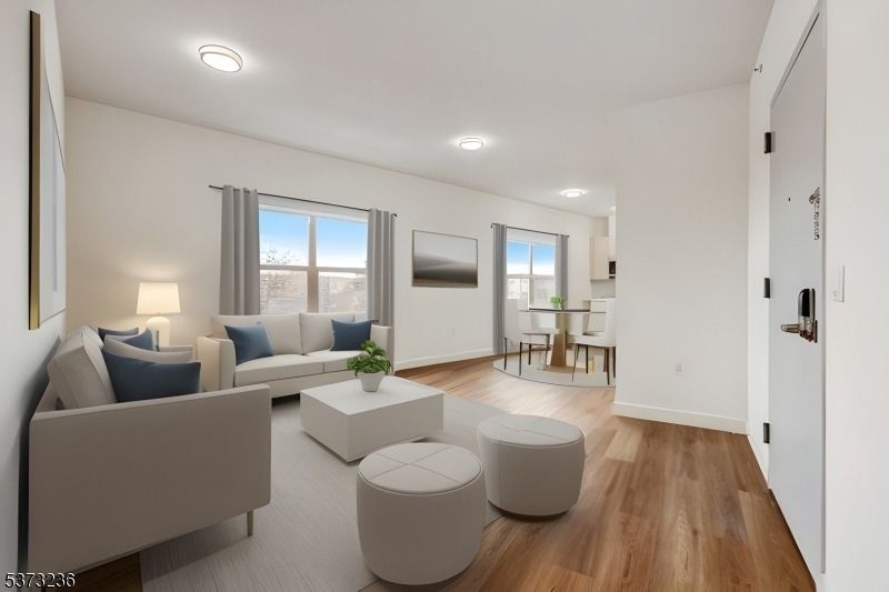 Dining room, Interior, Living room, Recessed Lighting, Wood Texture Flooring