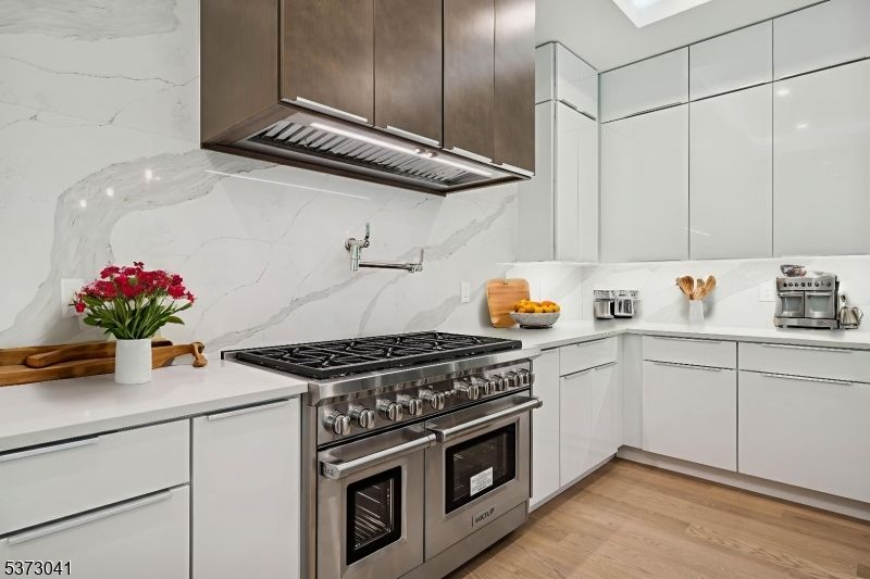 Interior, Kitchen, Marble Walls, Stainless Steel Appliances, Wood Texture Flooring