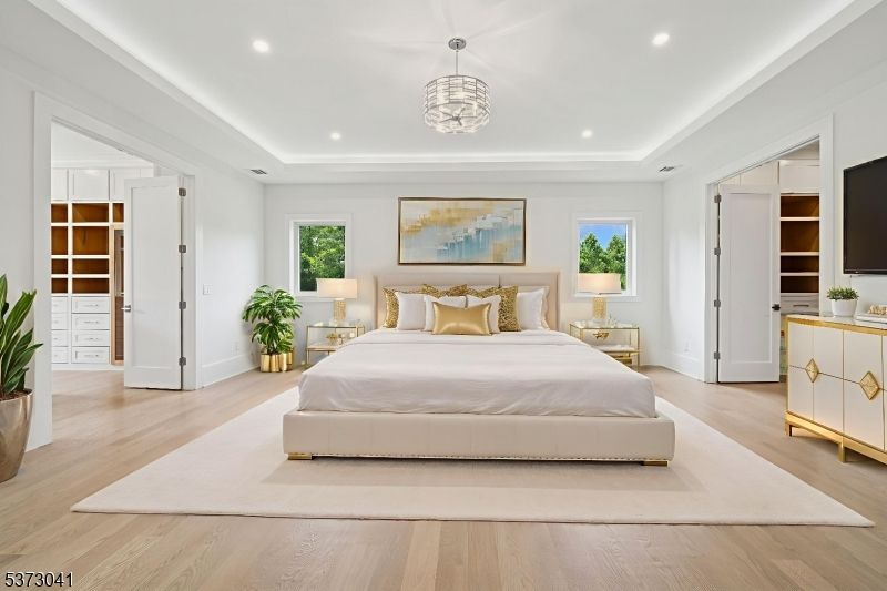 Bedroom, Interior, Pendant Lights, Recessed Lighting, Wood Texture Flooring
