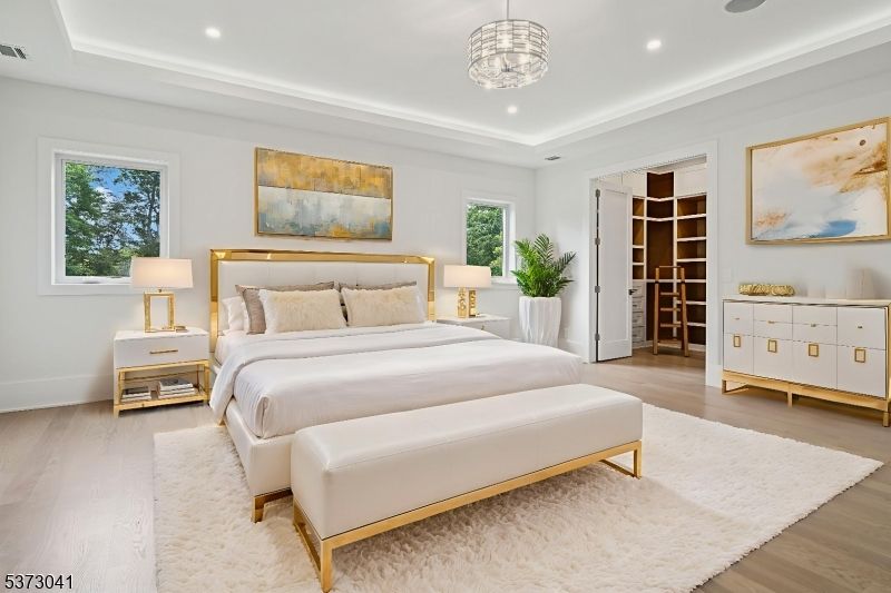 Bedroom, Interior, Pendant Lights, Recessed Lighting, Wood Texture Flooring