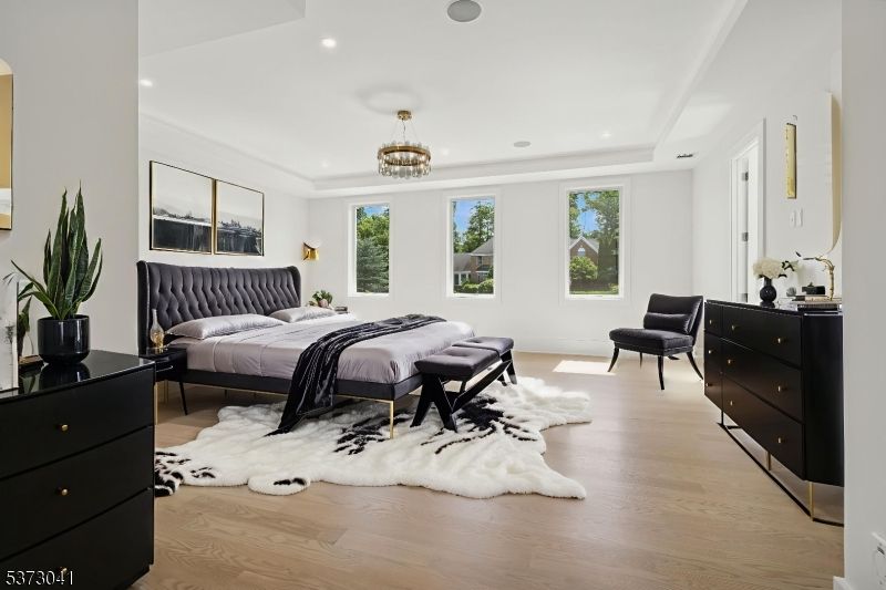 Bedroom, Chandelier, Interior, Recessed Lighting, Wood Texture Flooring