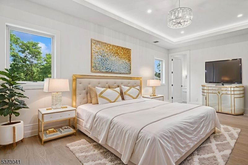 Bedroom, Interior, Pendant Lights, Recessed Lighting, Wood Texture Flooring