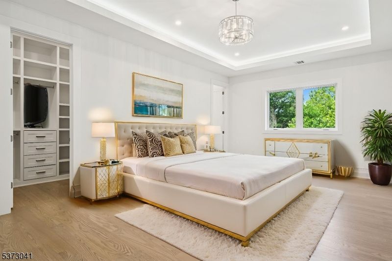 Bedroom, Interior, Pendant Lights, Recessed Lighting, Wood Texture Flooring