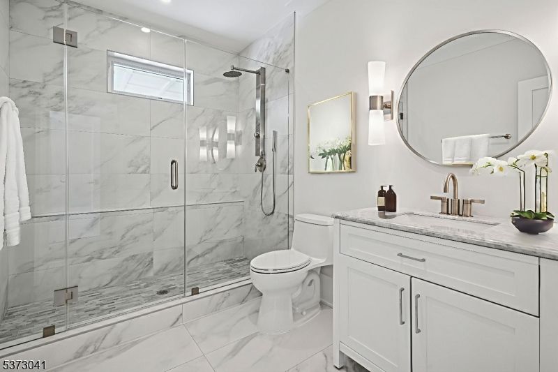 Bathroom, Glass Shower, Interior, Marble, Marble Walls, Recessed Lighting