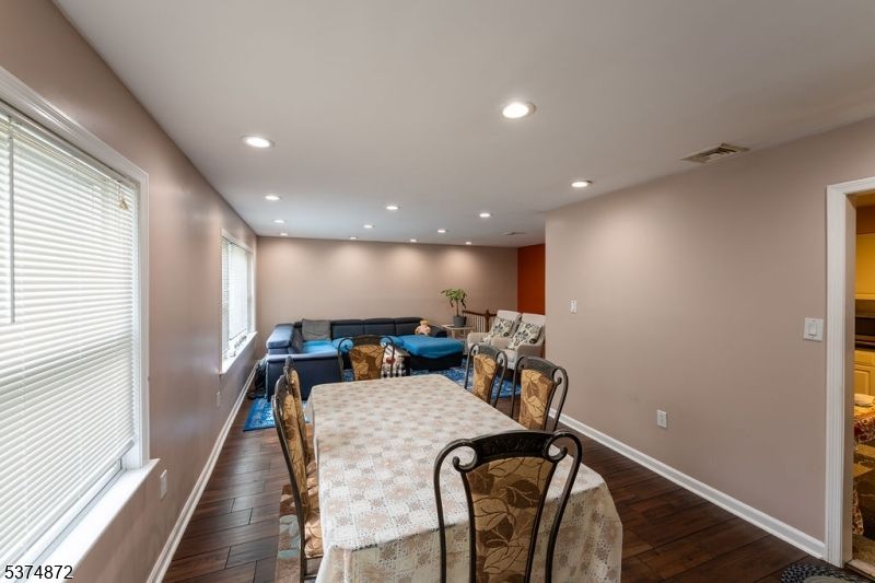 Dining room, Interior, Living room, Recessed Lighting, Wood Texture Flooring