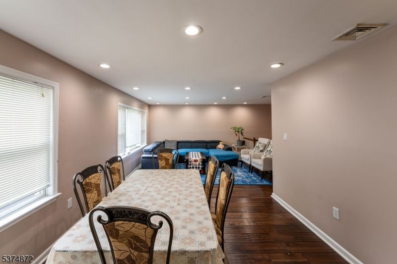 Dining room, Interior, Living room, Recessed Lighting, Wood Texture Flooring