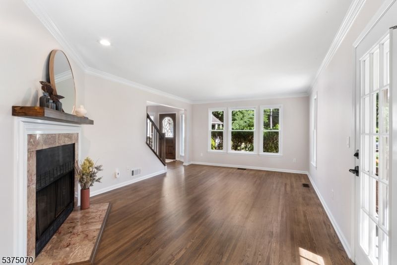 Empty room, Fireplace, Interior, Recessed Lighting, Wood Texture Flooring