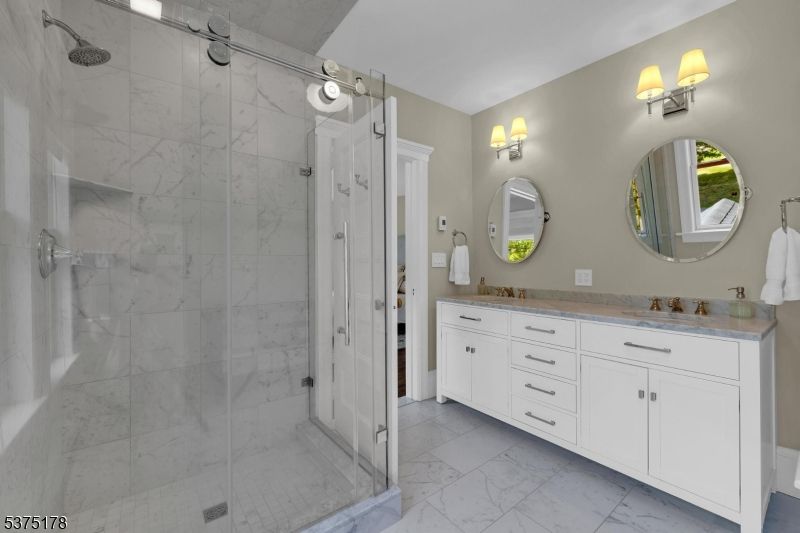 Bathroom, Dual Sink Vanities, Glass Shower, Interior, Marble, Marble Walls