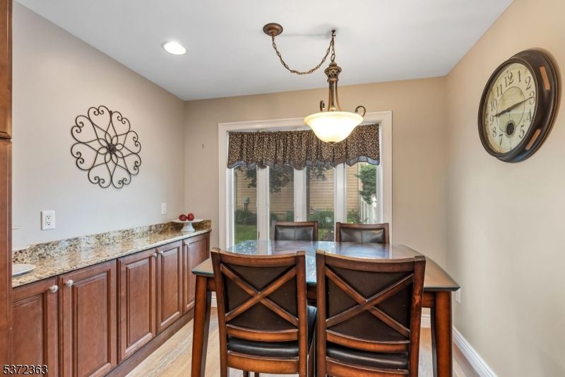 Dining room, Interior, Pendant Lights, Recessed Lighting, Wood Texture Flooring