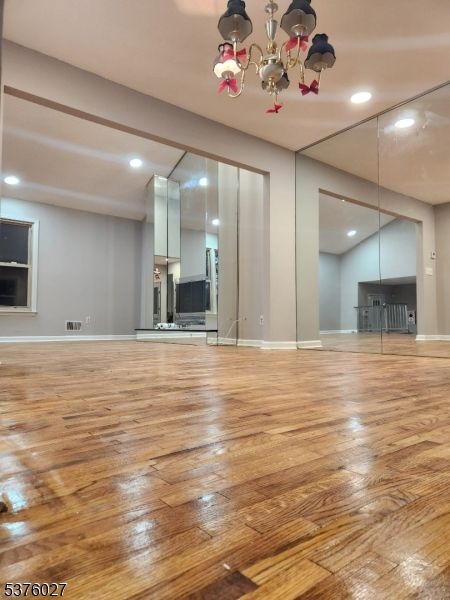 Chandelier, Empty room, Interior, Recessed Lighting, Wood Texture Flooring