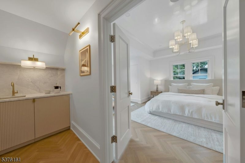 Bedroom, Chandelier, Interior, Marble Walls, Wood Texture Flooring