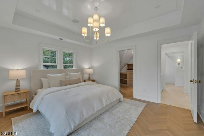 Bedroom, Chandelier, Interior, Wood Texture Flooring