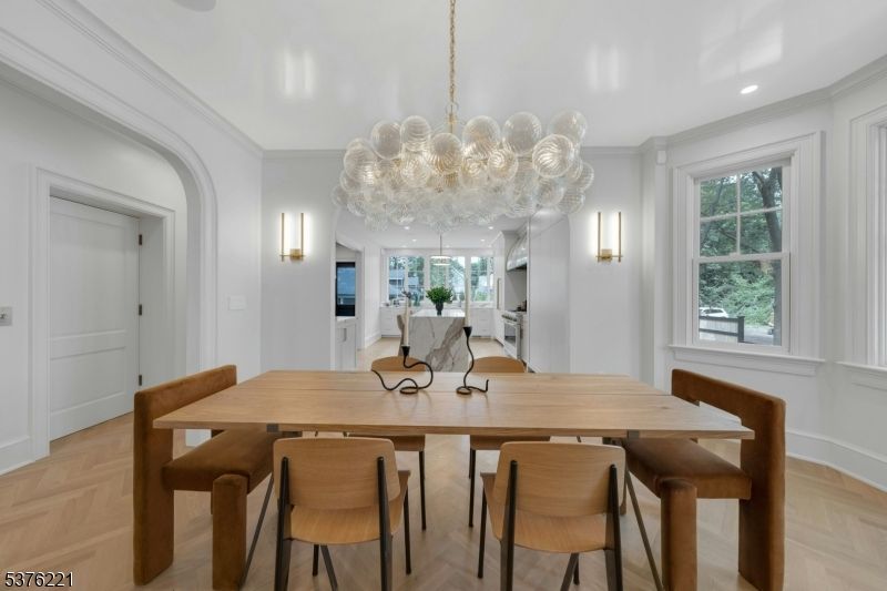 Chandelier, Dining room, Interior, Pendant Lights, Recessed Lighting, Wood Texture Flooring