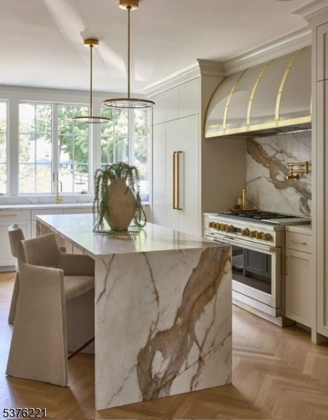 Interior, Kitchen, Marble Walls, Pendant Lights, Stainless Steel Appliances, Wood Texture Flooring