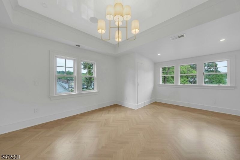 Chandelier, Empty room, Interior, Recessed Lighting, Wood Texture Flooring