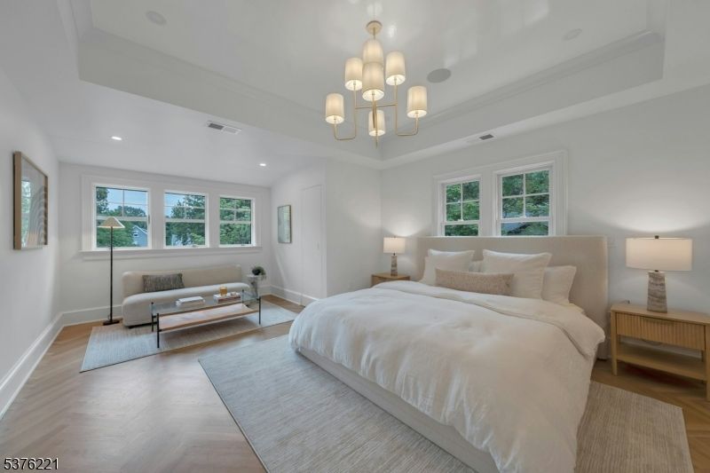 Bedroom, Interior, Pendant Lights, Recessed Lighting, Wood Texture Flooring