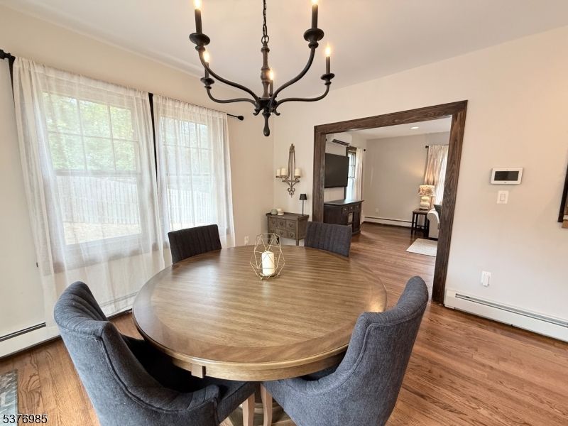 Chandelier, Dining room, Interior, Recessed Lighting, Wood Texture Flooring
