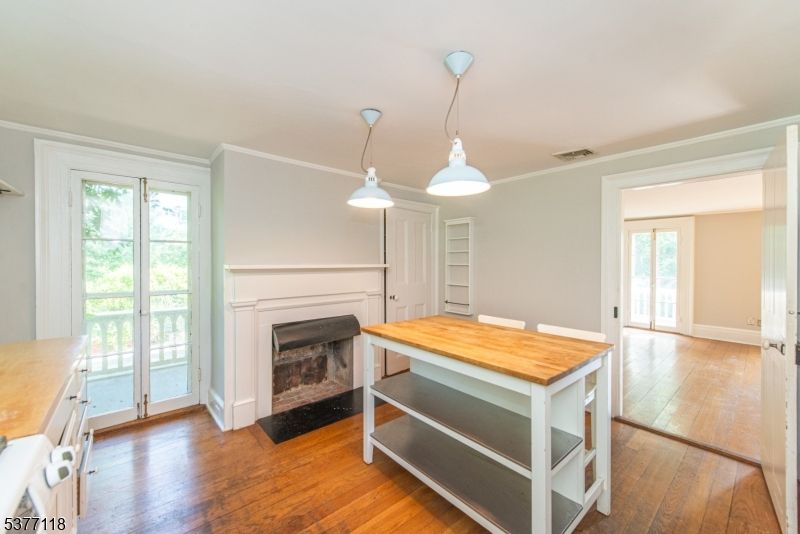 Empty room, Fireplace, Interior, Pendant Lights, Wood Texture Flooring
