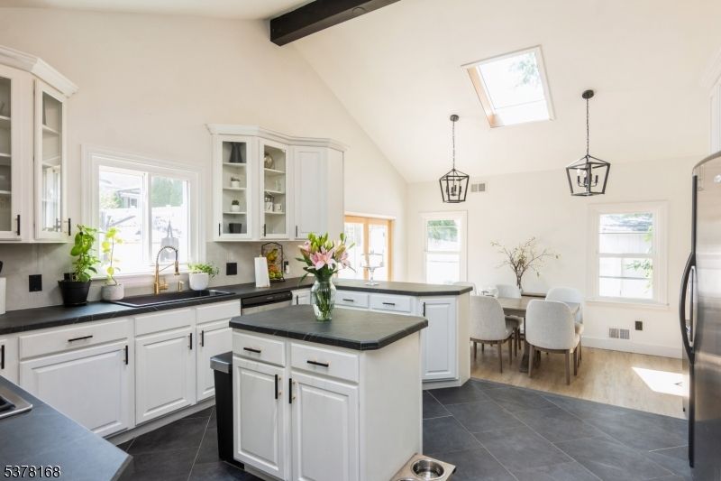 Dining room, Interior, Kitchen, Pendant Lights, Stainless Steel Appliances, Wooden Beams