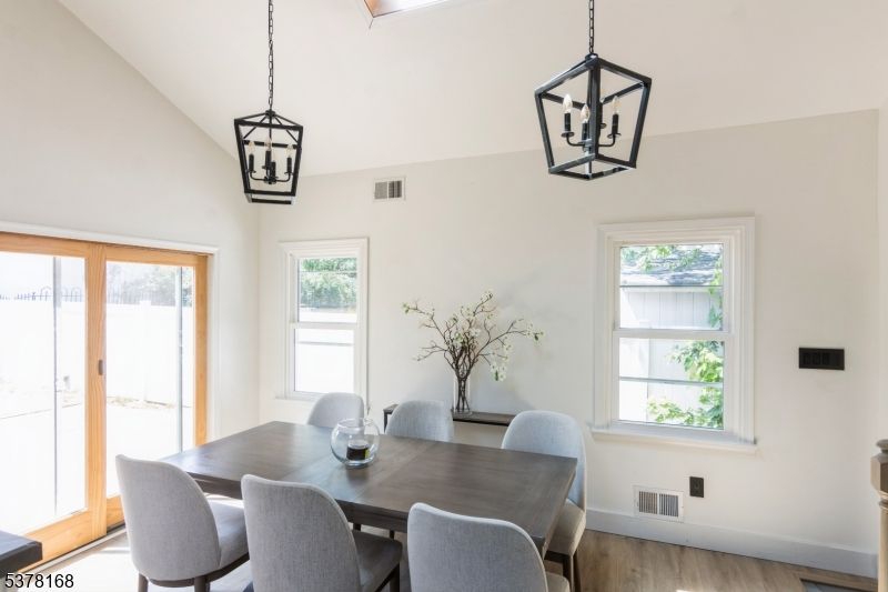 Dining room, Interior, Pendant Lights, Wood Texture Flooring