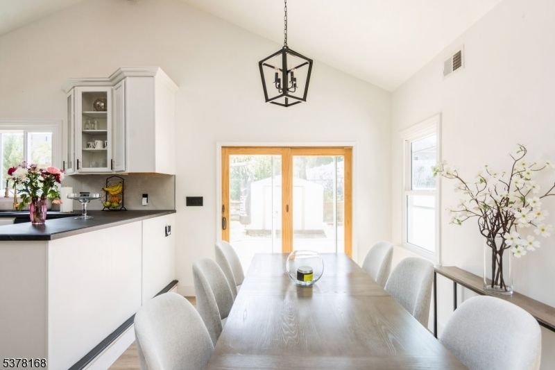Dining room, Interior, Pendant Lights, Wood Texture Flooring
