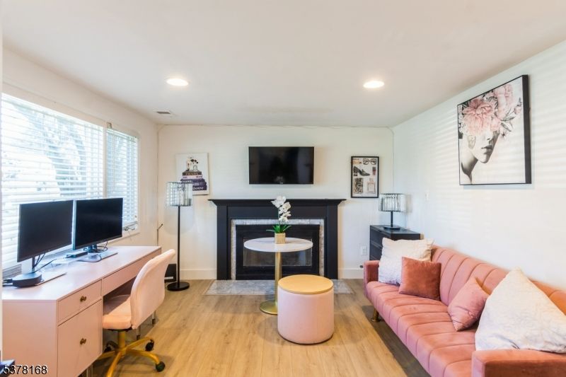 Fireplace, Home Office, Interior, Recessed Lighting, Wood Texture Flooring