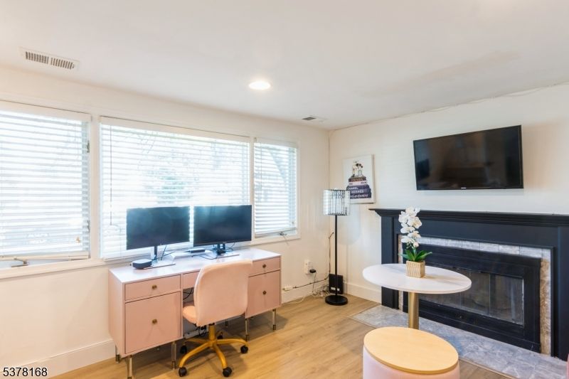 Fireplace, Home Office, Interior, Recessed Lighting, Wood Texture Flooring