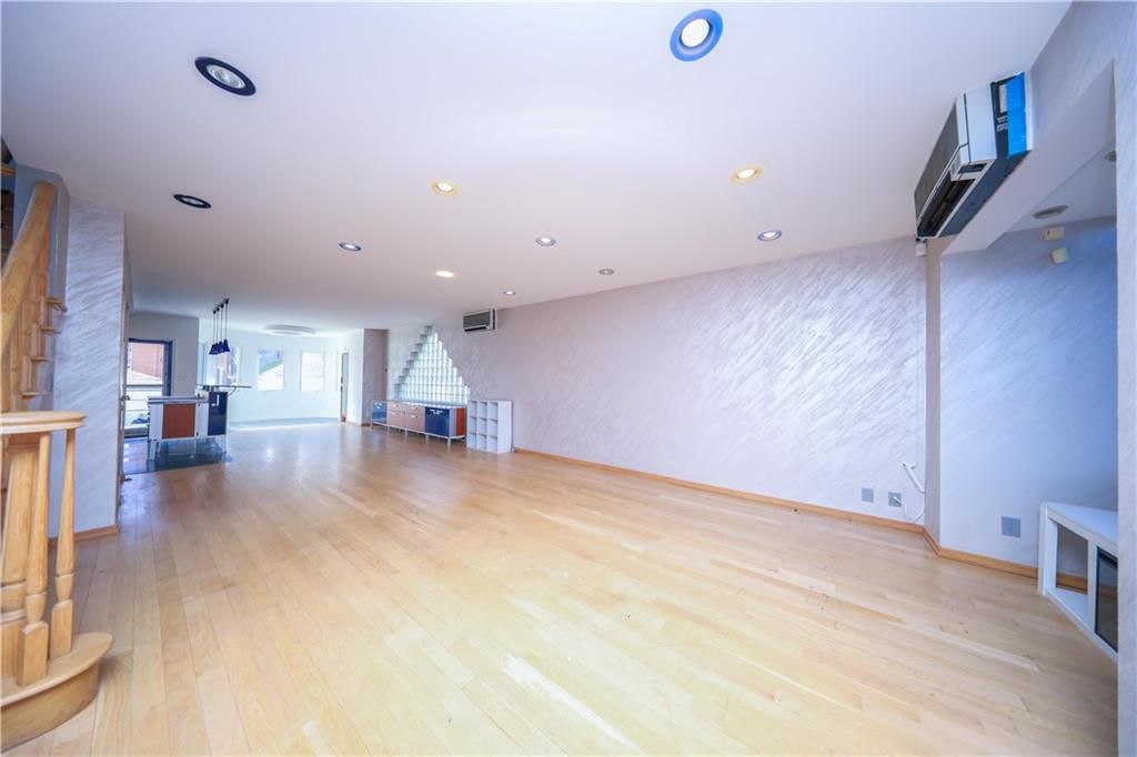 Empty room, Fireplace, Interior, Pendant Lights, Recessed Lighting, Wood Texture Flooring