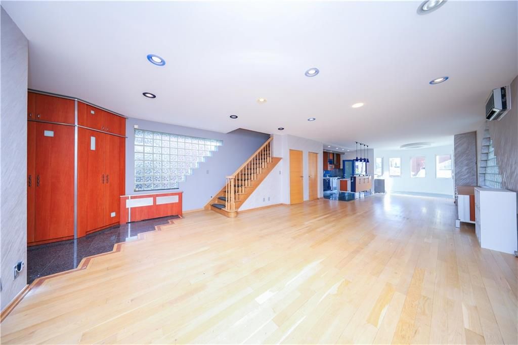 Empty room, Interior, Kitchen, Pendant Lights, Recessed Lighting, Wood Texture Flooring